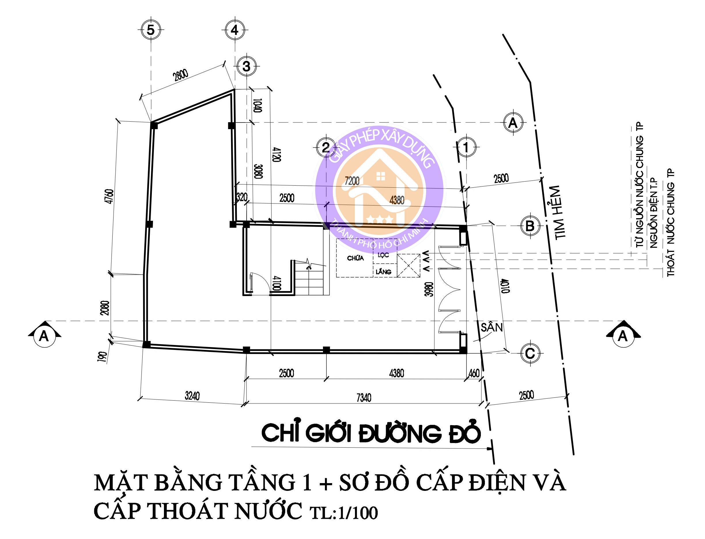 Bản vẽ Xin phép xây dựng nhà phố 3 mat bang tang 1